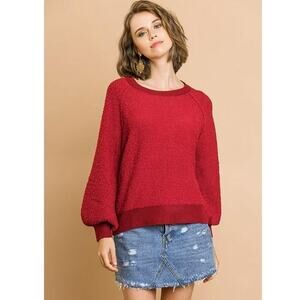 NWT Umgee Puff Sleeve Boat Neck Sweater in Cherry Red Size Medium